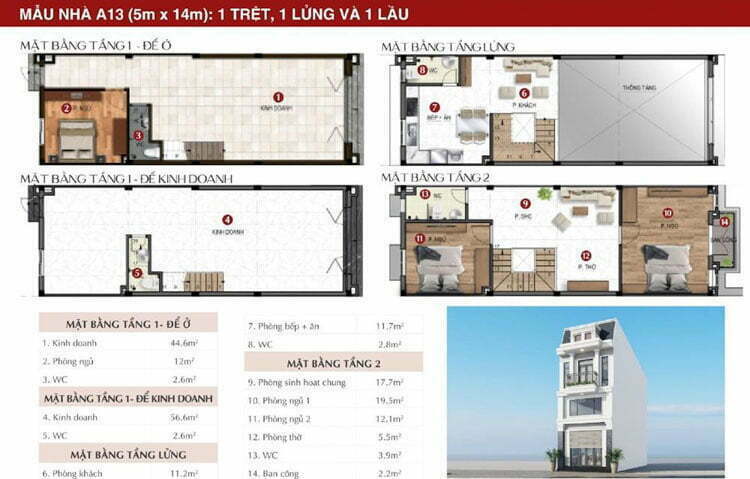 Mẫu nhà A13 (5mx14m): 1 trệt, 1 lửng và 1 lầu tại Richland Residence