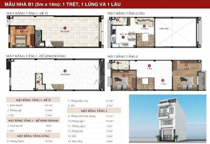 Mẫu nhà B1 (5mx14m): 1 trệt, 1 lửng và 1 lầu tại Richland Residence